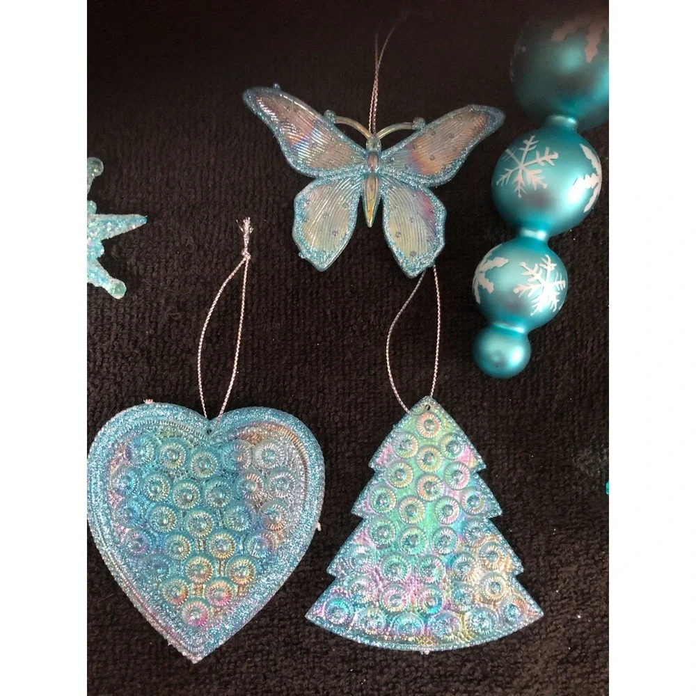 Lot of Vintage Teal/Blue Ornaments~Teal Wired Ribbon Excellent Condition